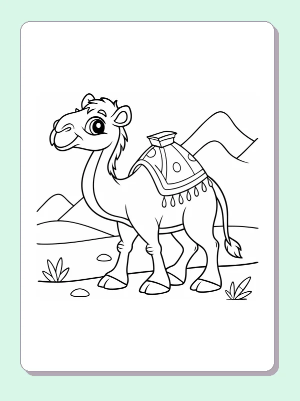 Saddled Camel Near Mountains coloring page: black and white line art to print or color online