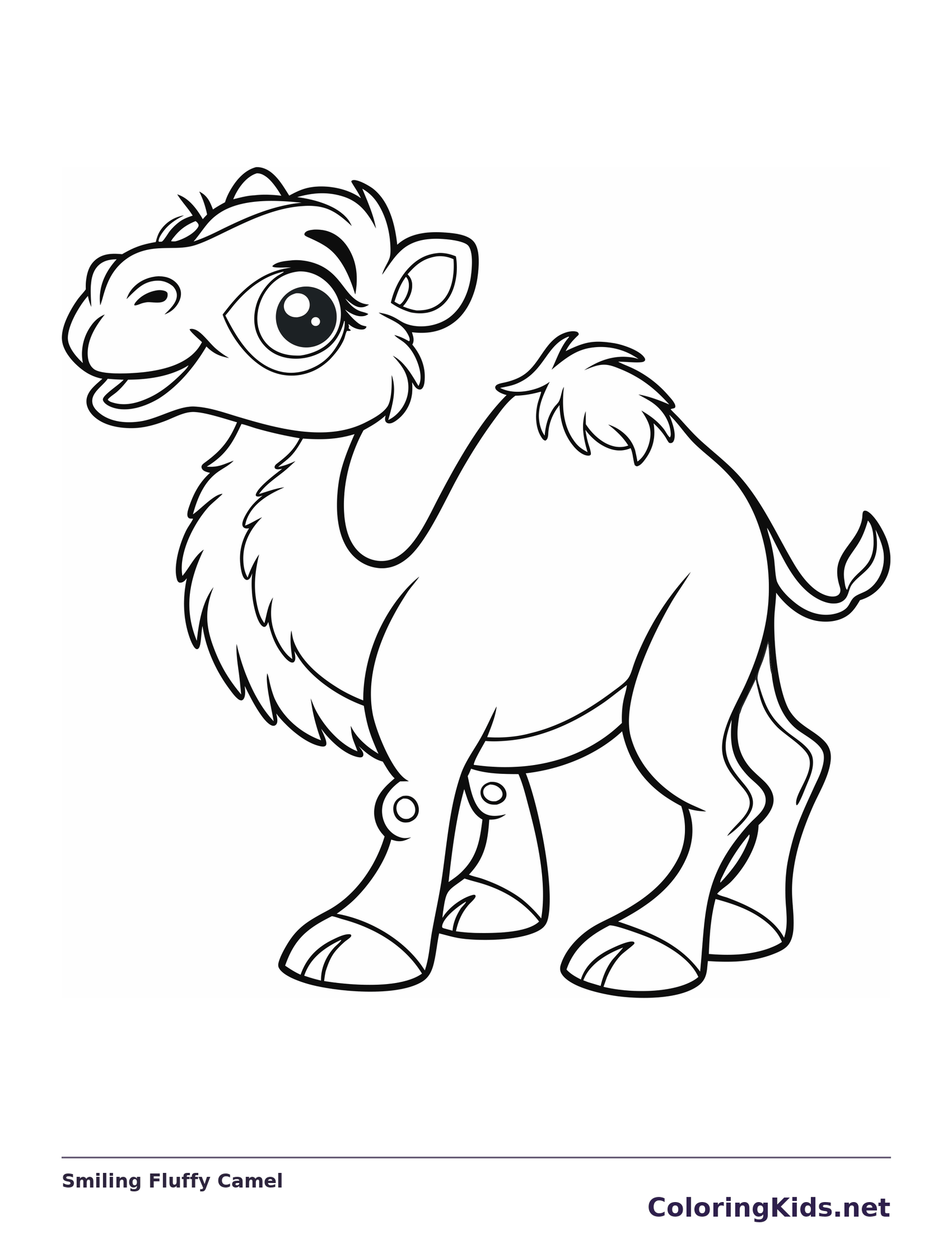 Smiling Fluffy Camel coloring page: black and white line art to print or color online