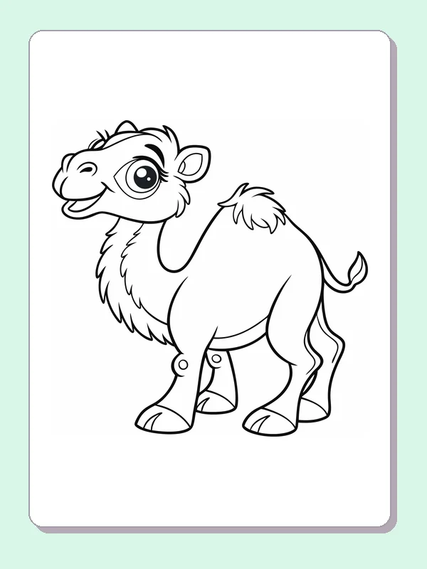 Smiling Fluffy Camel coloring page: black and white line art to print or color online