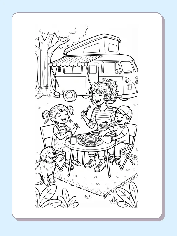 A parent and two children sharing breakfast at a table outside a parked camper.