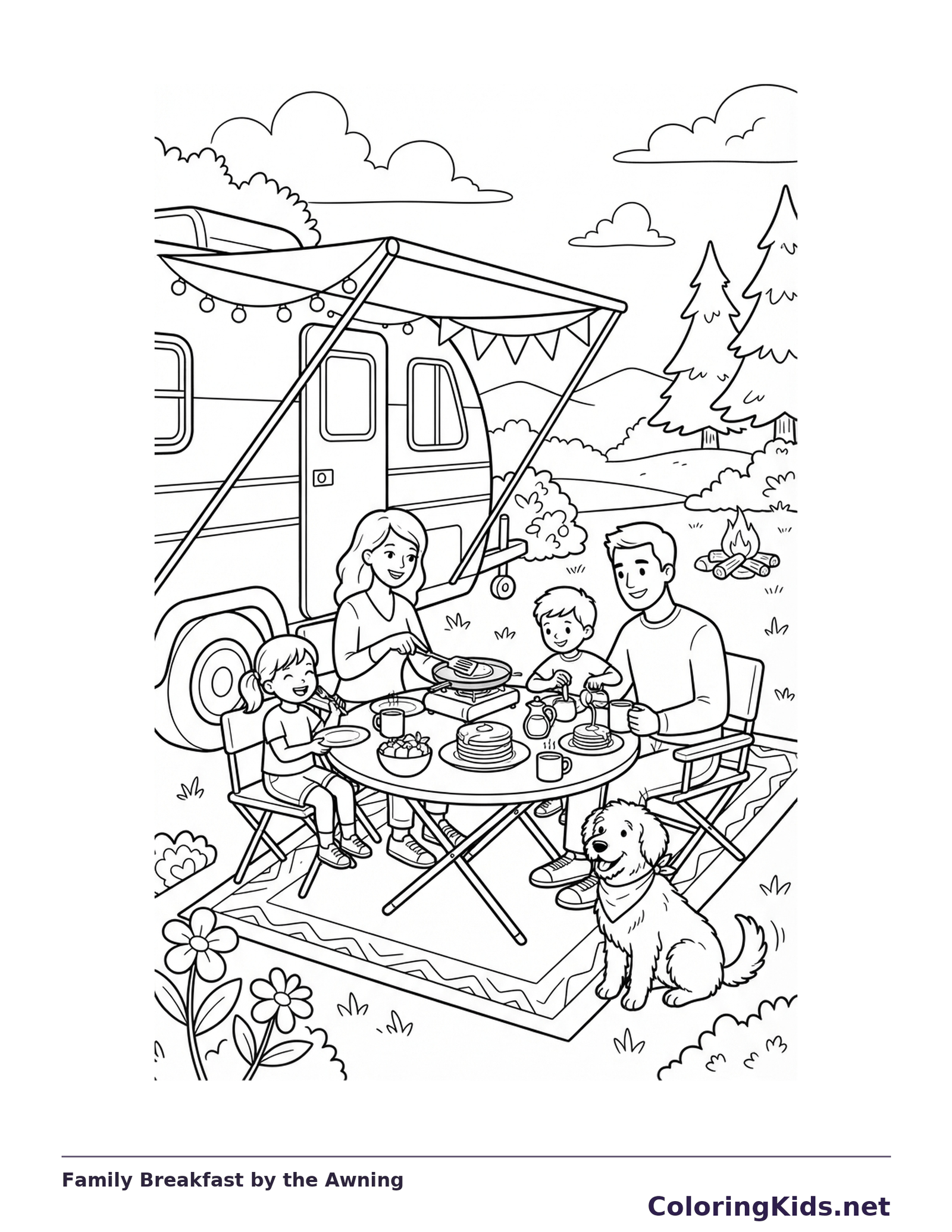 A family of four eating at a table under a camper awning with a dog nearby.