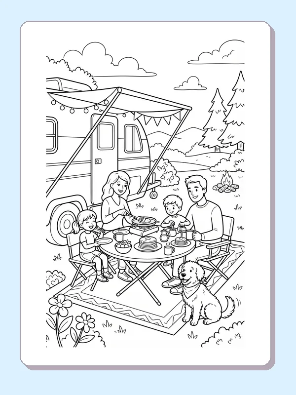 A family of four eating at a table under a camper awning with a dog nearby.