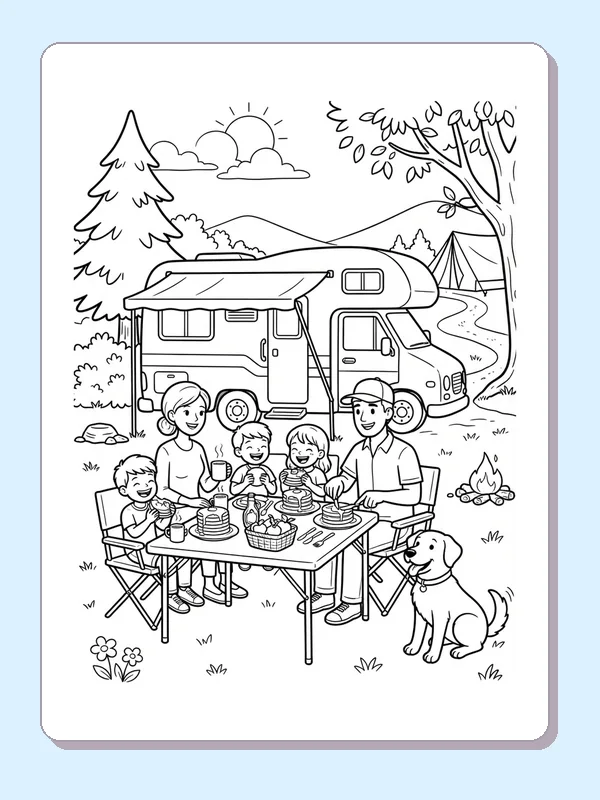 Family eating at a table beside a camper and dog