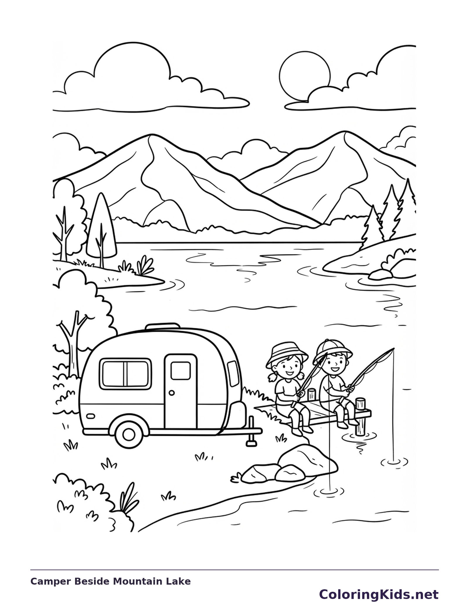 Children fishing beside a small camper and mountain lake