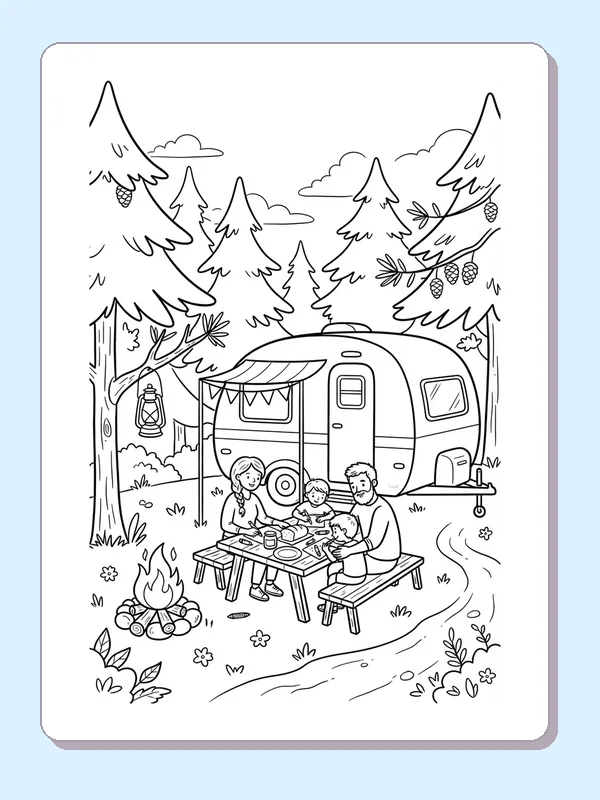 A family sharing food by a camper and campfire under tall pine trees.
