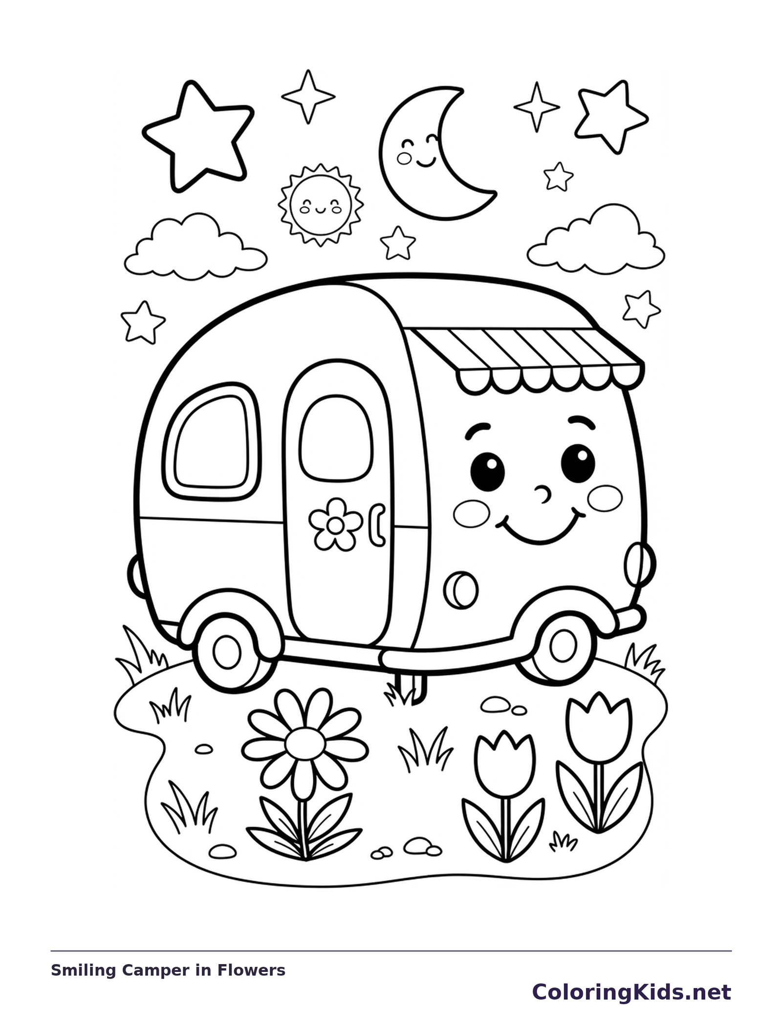 A happy little camper surrounded by tulips, clouds, a crescent moon and stars.