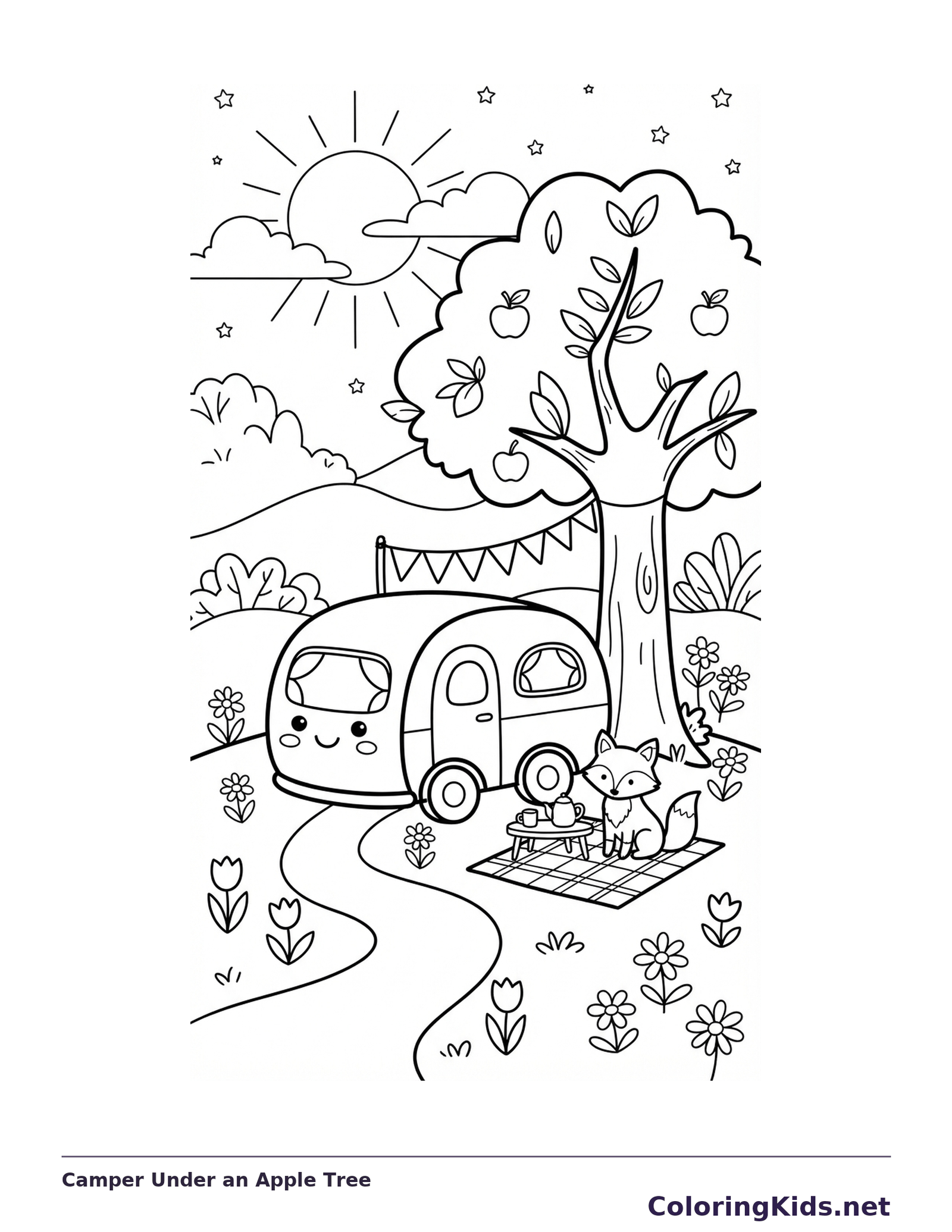 A smiling camper beside a fruit tree, winding path, dog and summer flowers.
