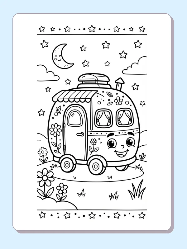 Smiling camper among flowers under crescent moon and stars