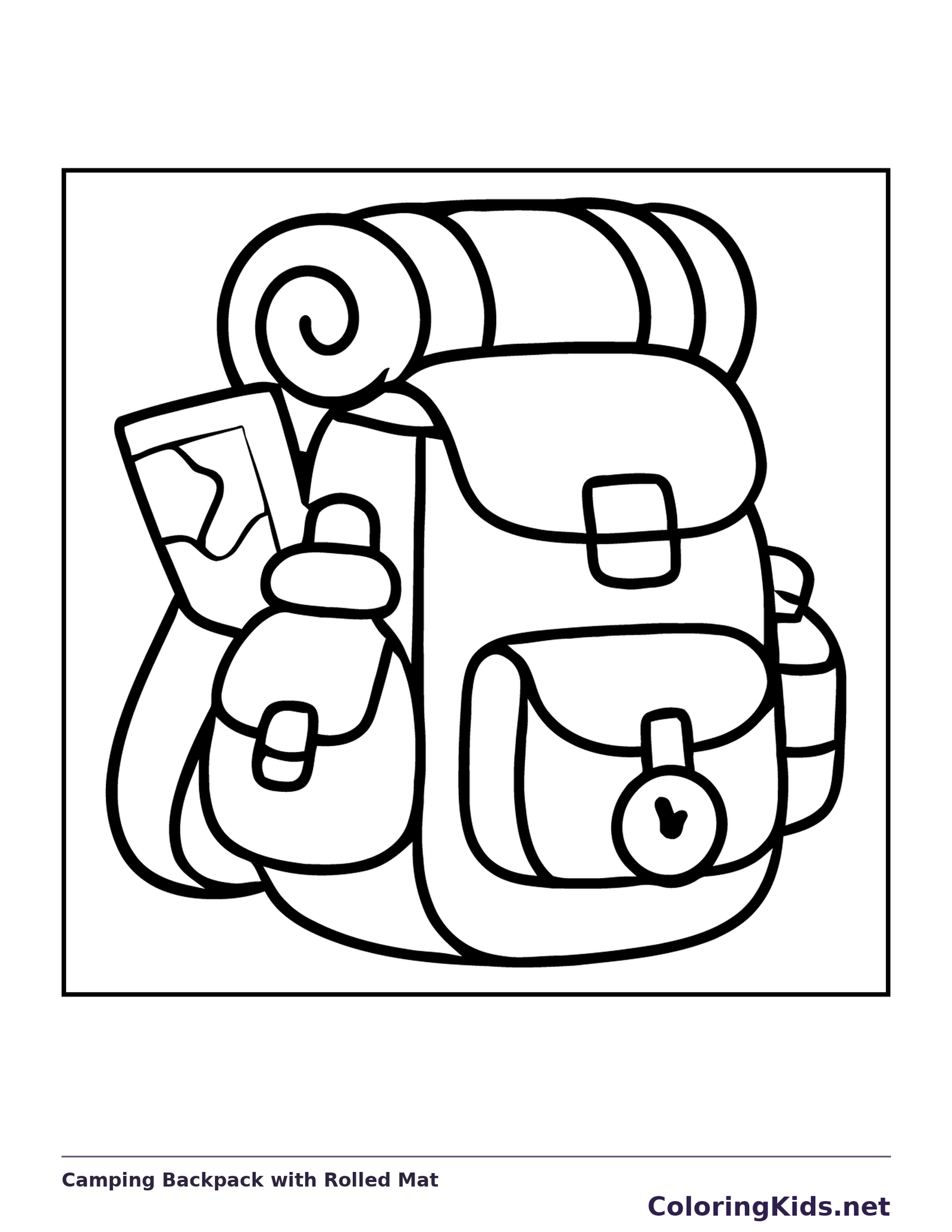 Camping backpack with rolled sleeping mat, side pockets and straps