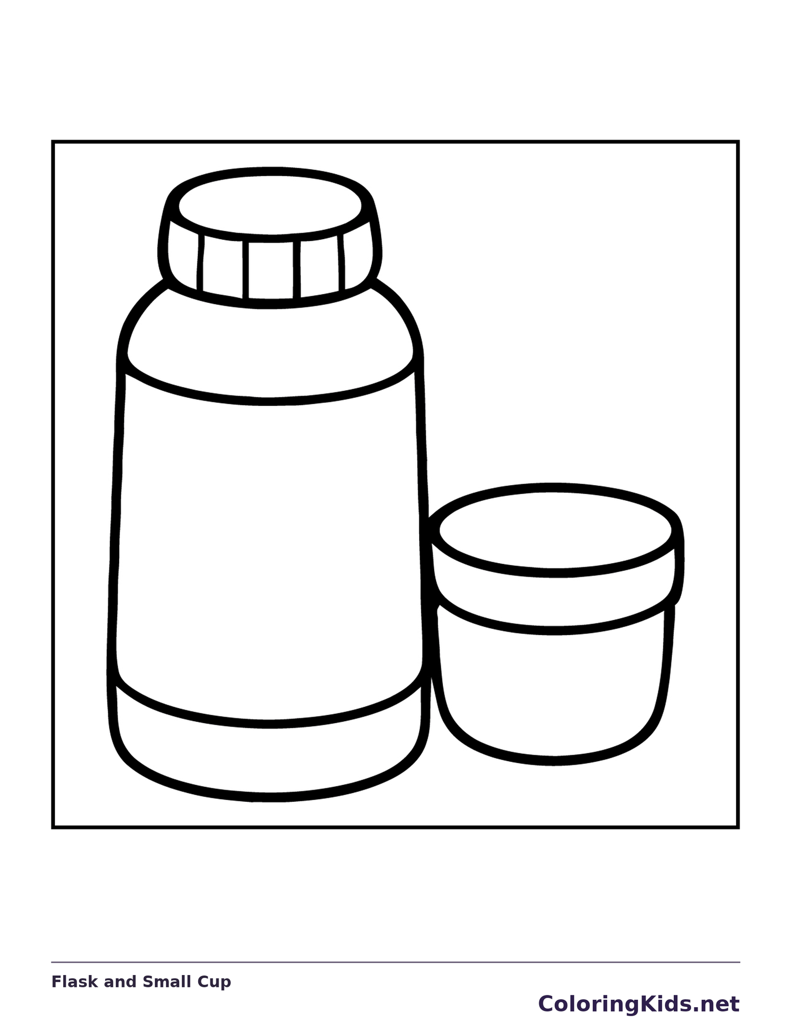 Camping flask with screw cap beside a small drinking cup