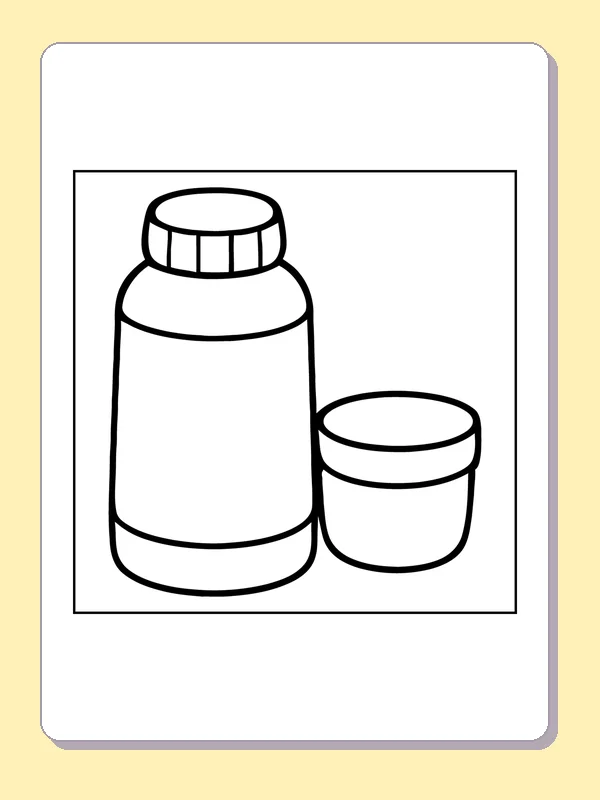 Camping flask with screw cap beside a small drinking cup