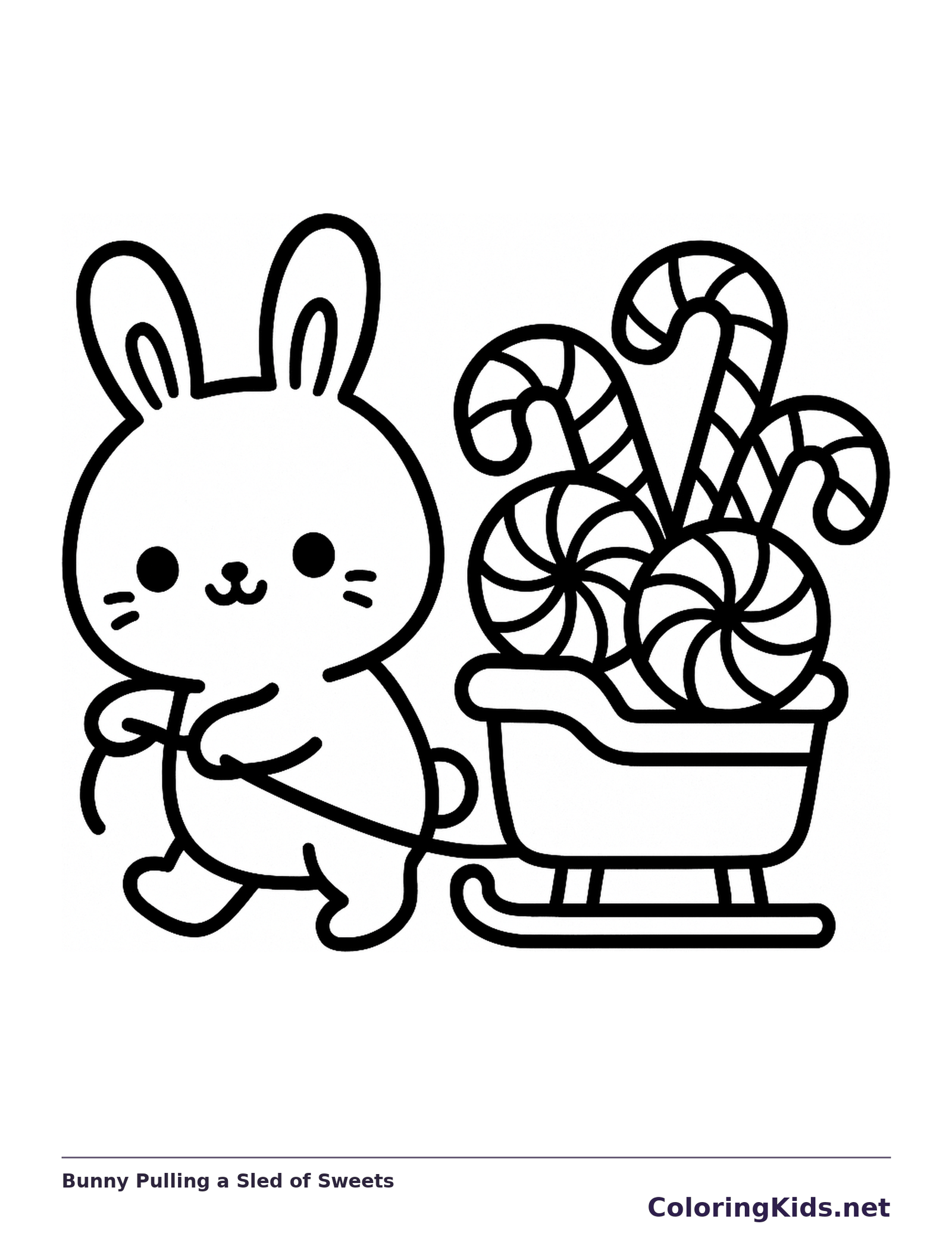 Bunny Pulling a Sled of Sweets coloring page: black and white line art to print or color online