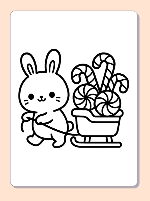 Bunny Pulling a Sled of Sweets coloring page: black and white line art to print or color online