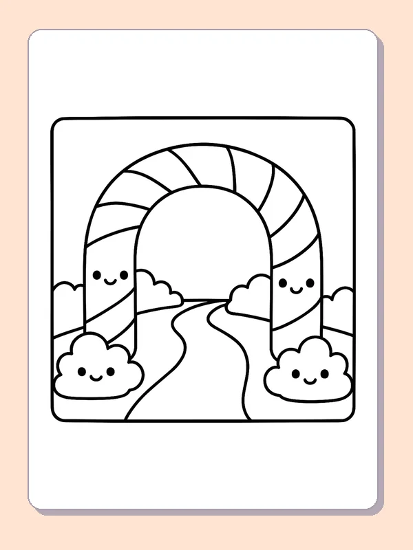 Smiling Candy Cane Archway coloring page: black and white line art to print or color online