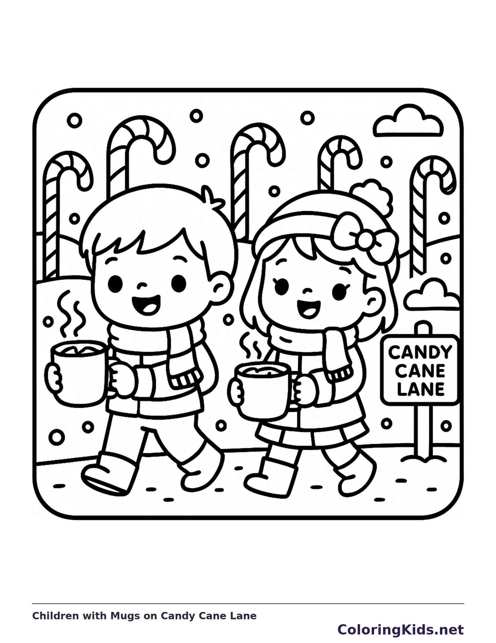 Children with Mugs on Candy Cane Lane coloring page: black and white line art to print or color online