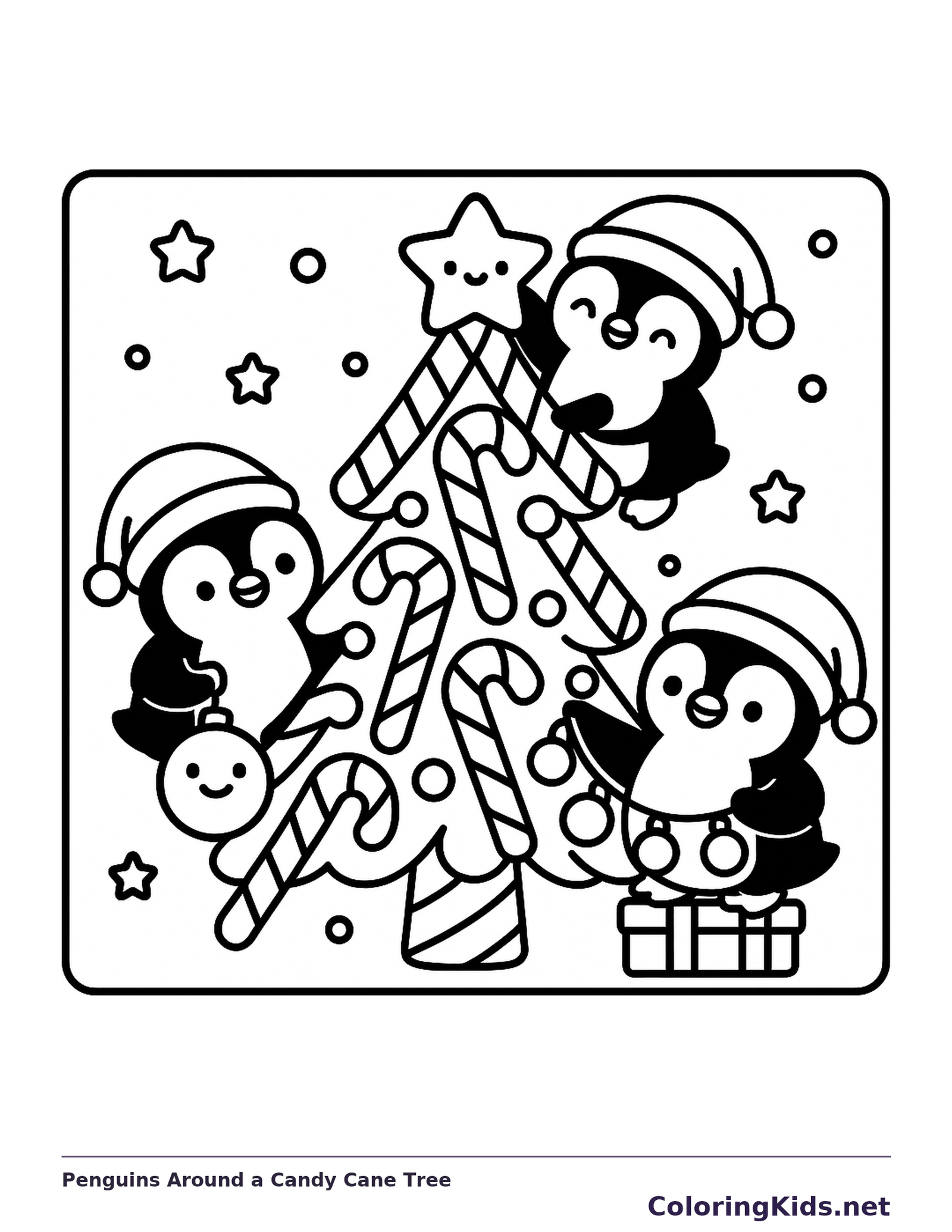 Penguins Around a Candy Cane Tree coloring page: black and white line art to print or color online