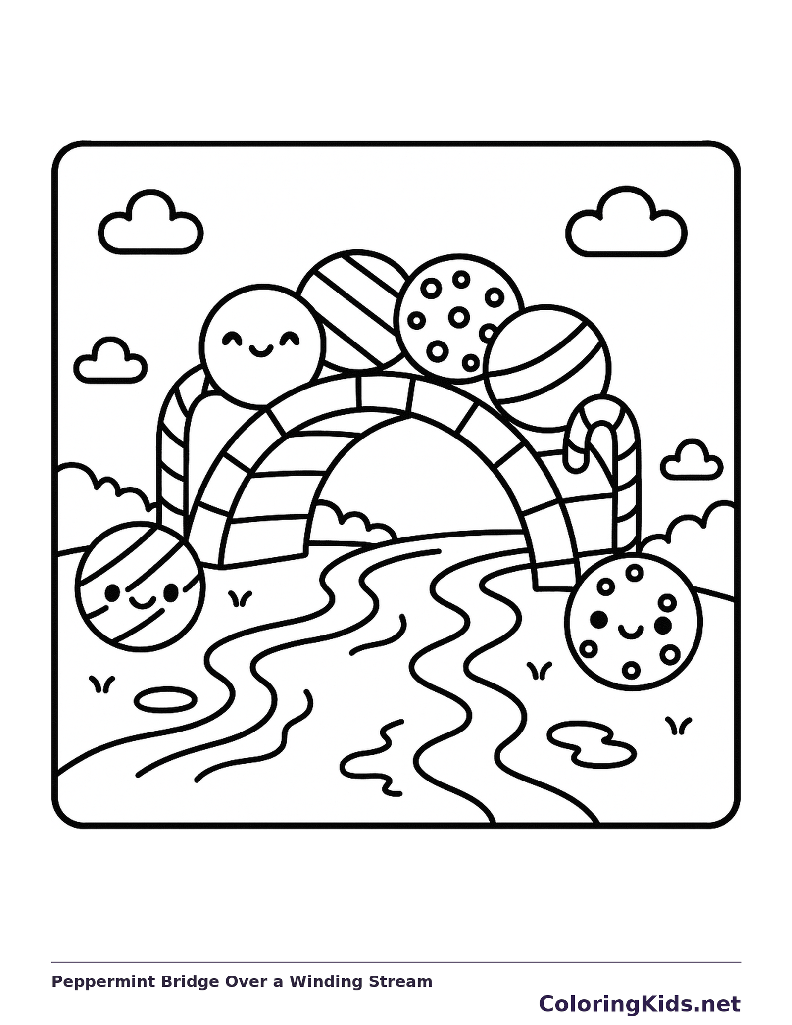 Peppermint Bridge Over a Winding Stream coloring page: black and white line art to print or color online