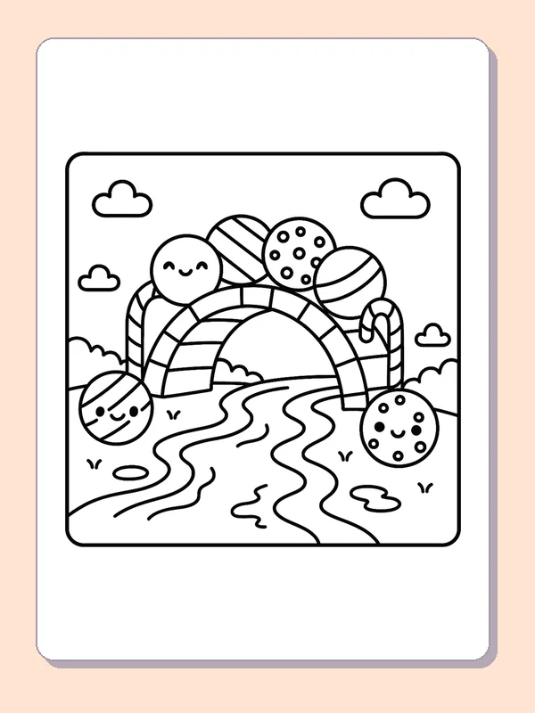 Peppermint Bridge Over a Winding Stream coloring page: black and white line art to print or color online