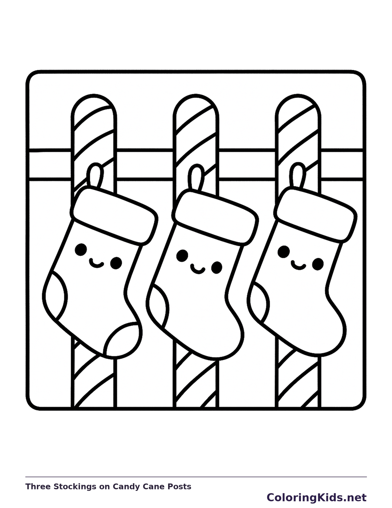 Three Stockings on Candy Cane Posts coloring page: black and white line art to print or color online