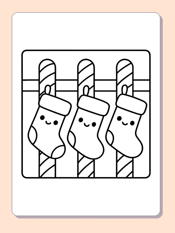 Three Stockings on Candy Cane Posts coloring page: black and white line art to print or color online