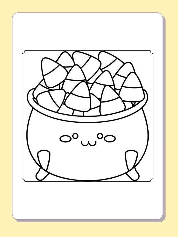 Black and white printable candy-corn cauldron coloring sheet
