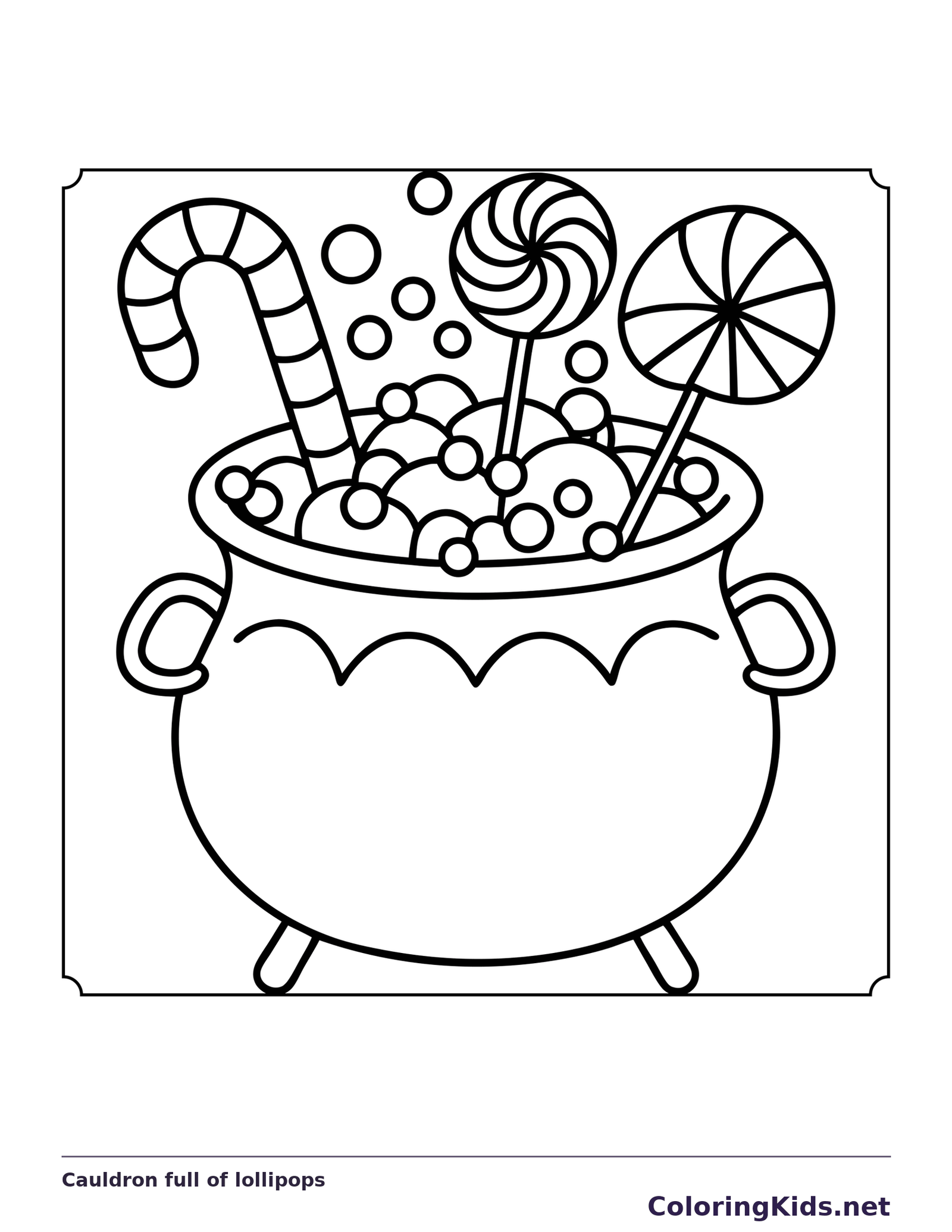 Black and white printable cauldron full of lollipops coloring sheet