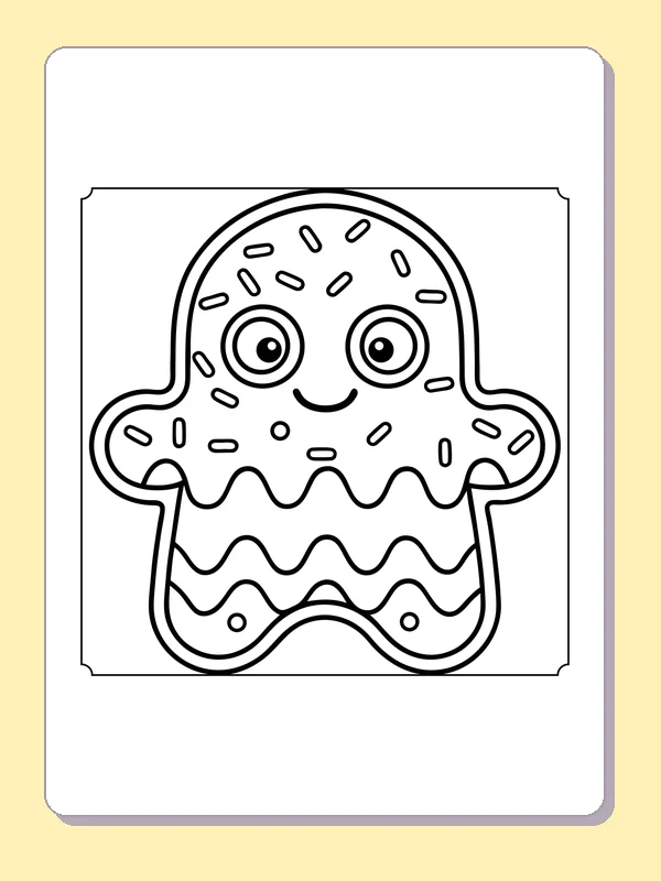 Black and white printable gingerbread ghost cookie coloring sheet