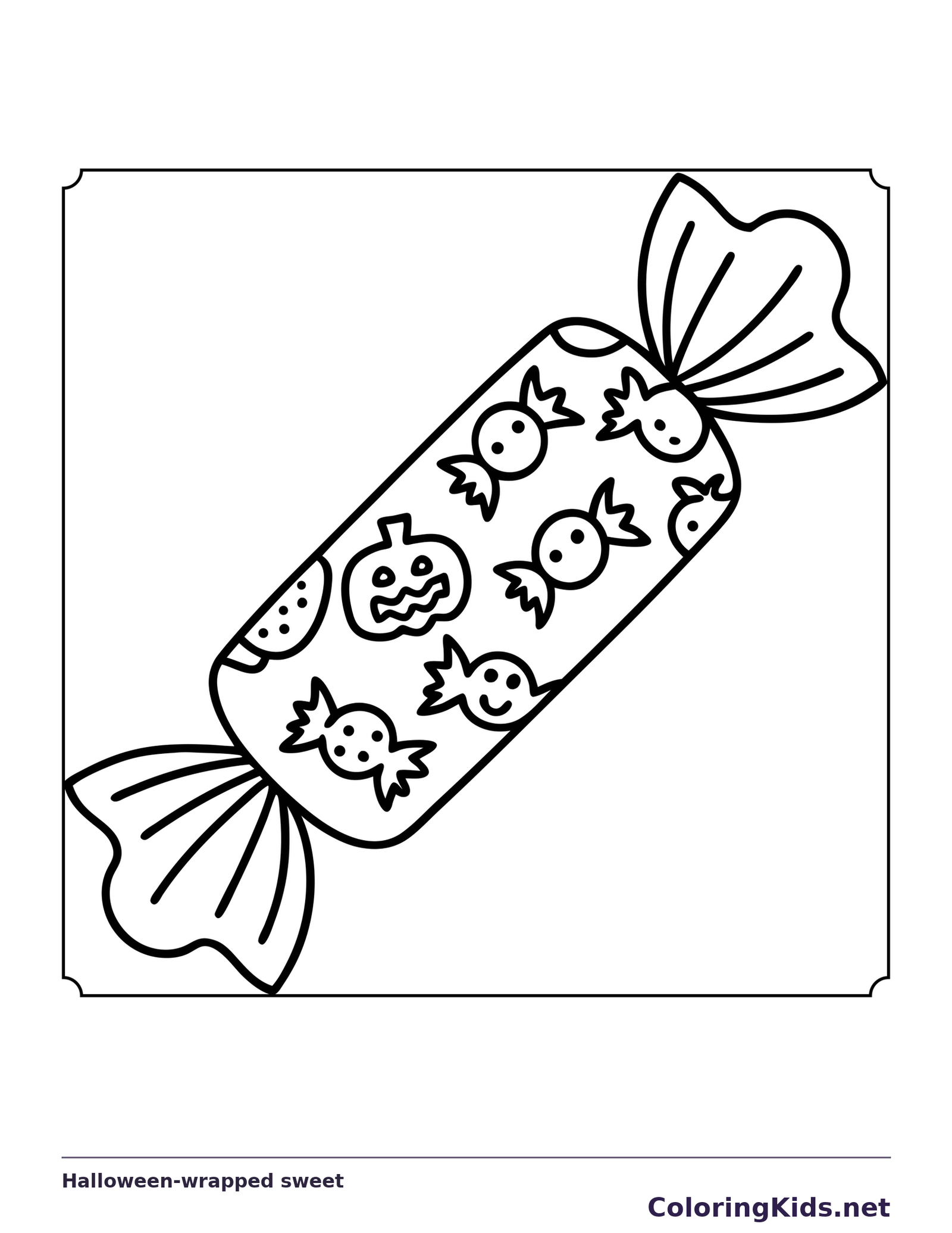 Black and white printable halloween-wrapped sweet coloring sheet