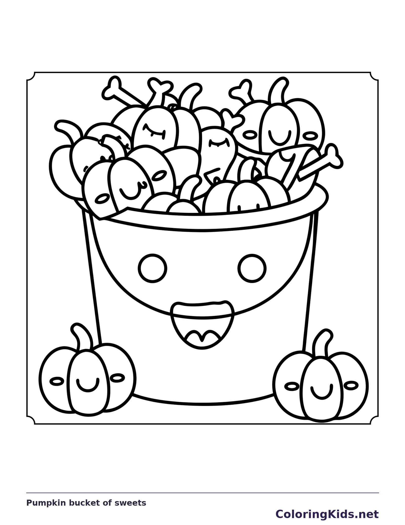 Black and white printable pumpkin bucket of sweets coloring sheet