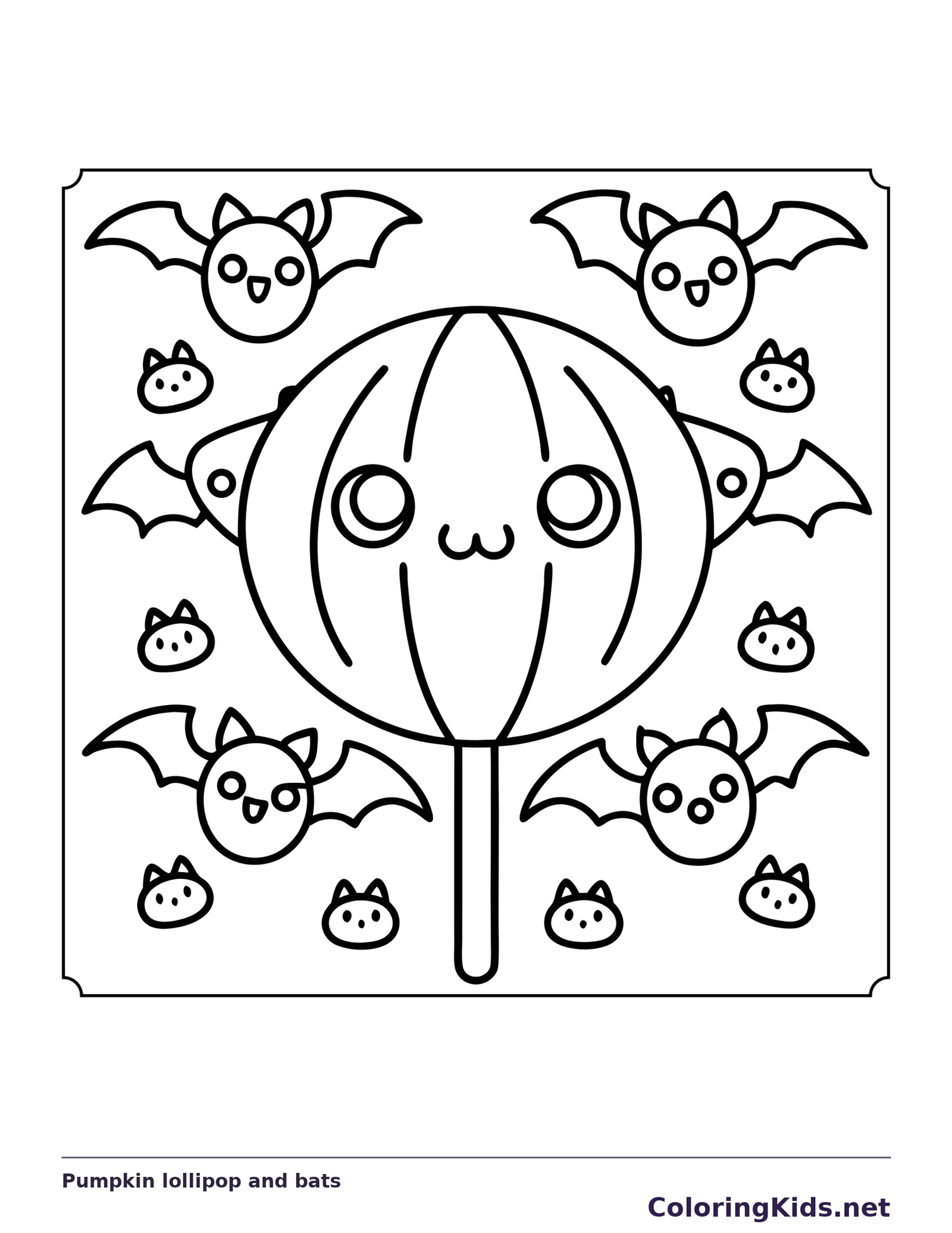 Black and white printable pumpkin lollipop and bats coloring sheet