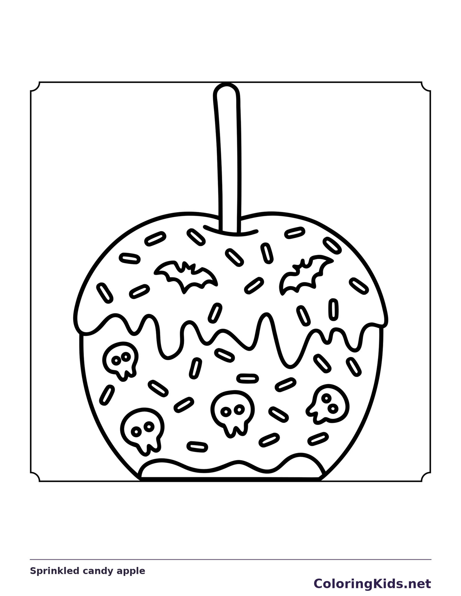 Black and white printable sprinkled candy apple coloring sheet