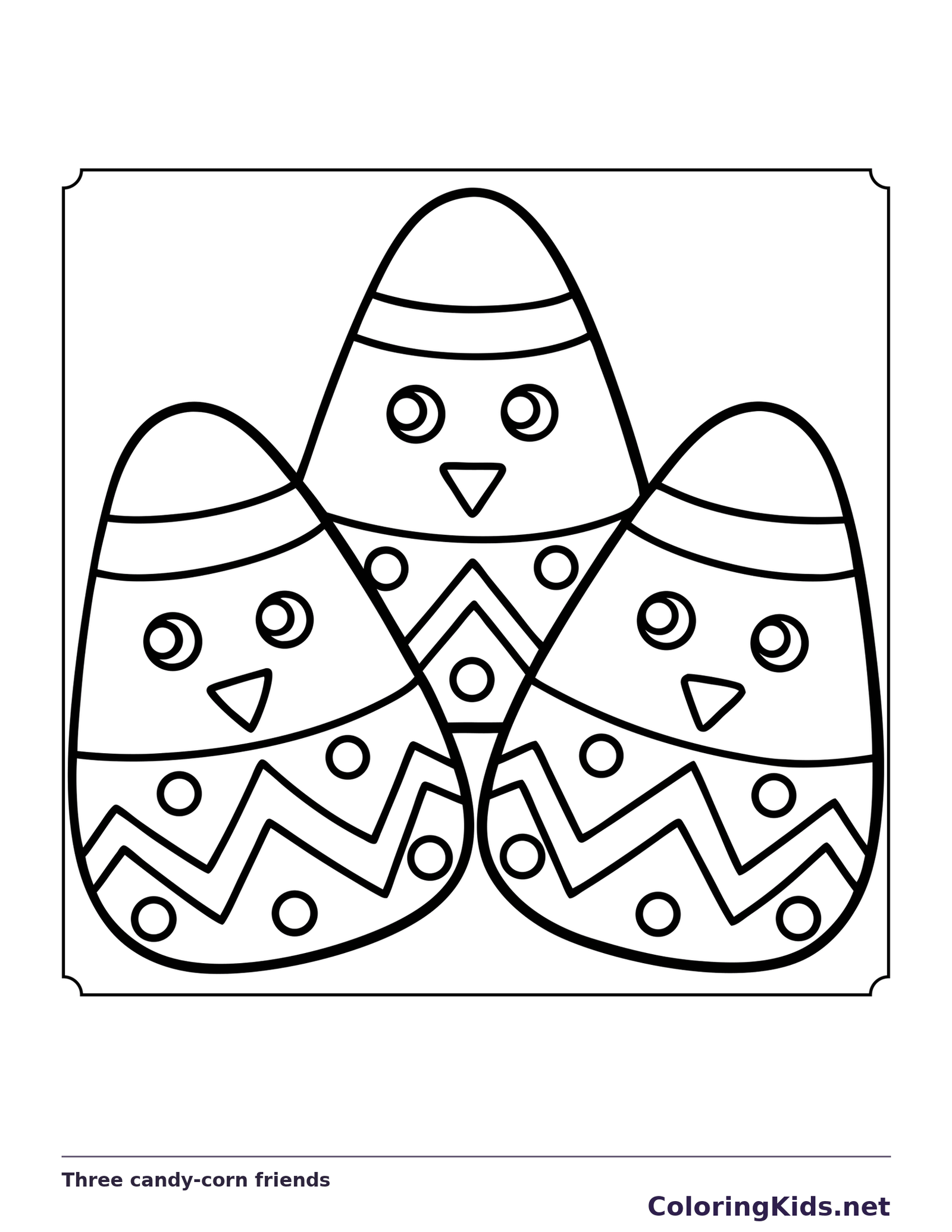 Black and white printable three candy-corn friends coloring sheet