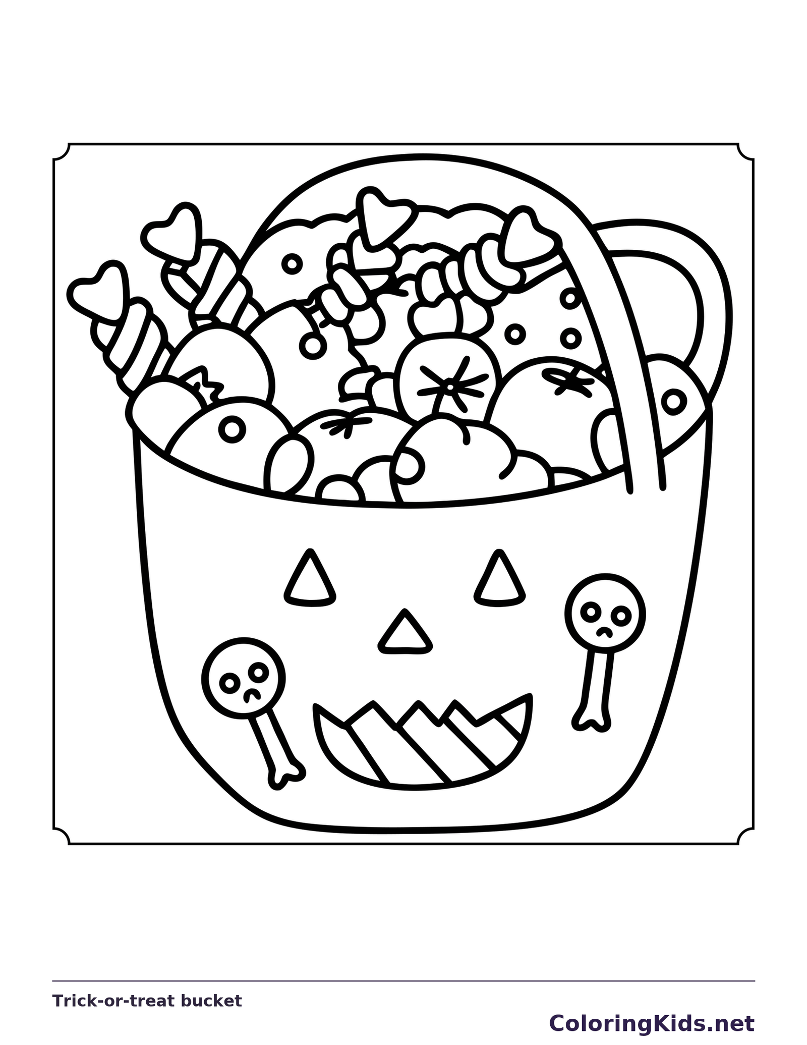 Black and white printable trick-or-treat bucket coloring sheet