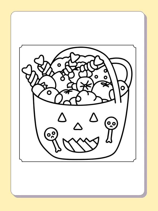 Black and white printable trick-or-treat bucket coloring sheet
