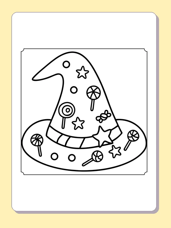 Black and white printable witch-hat candy shapes coloring sheet
