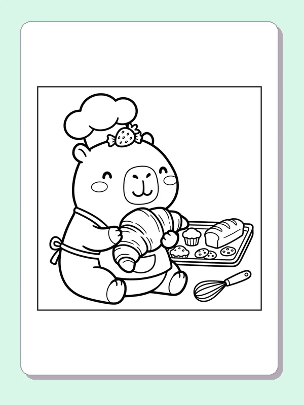 Black and white printable capybara baking croissants coloring sheet
