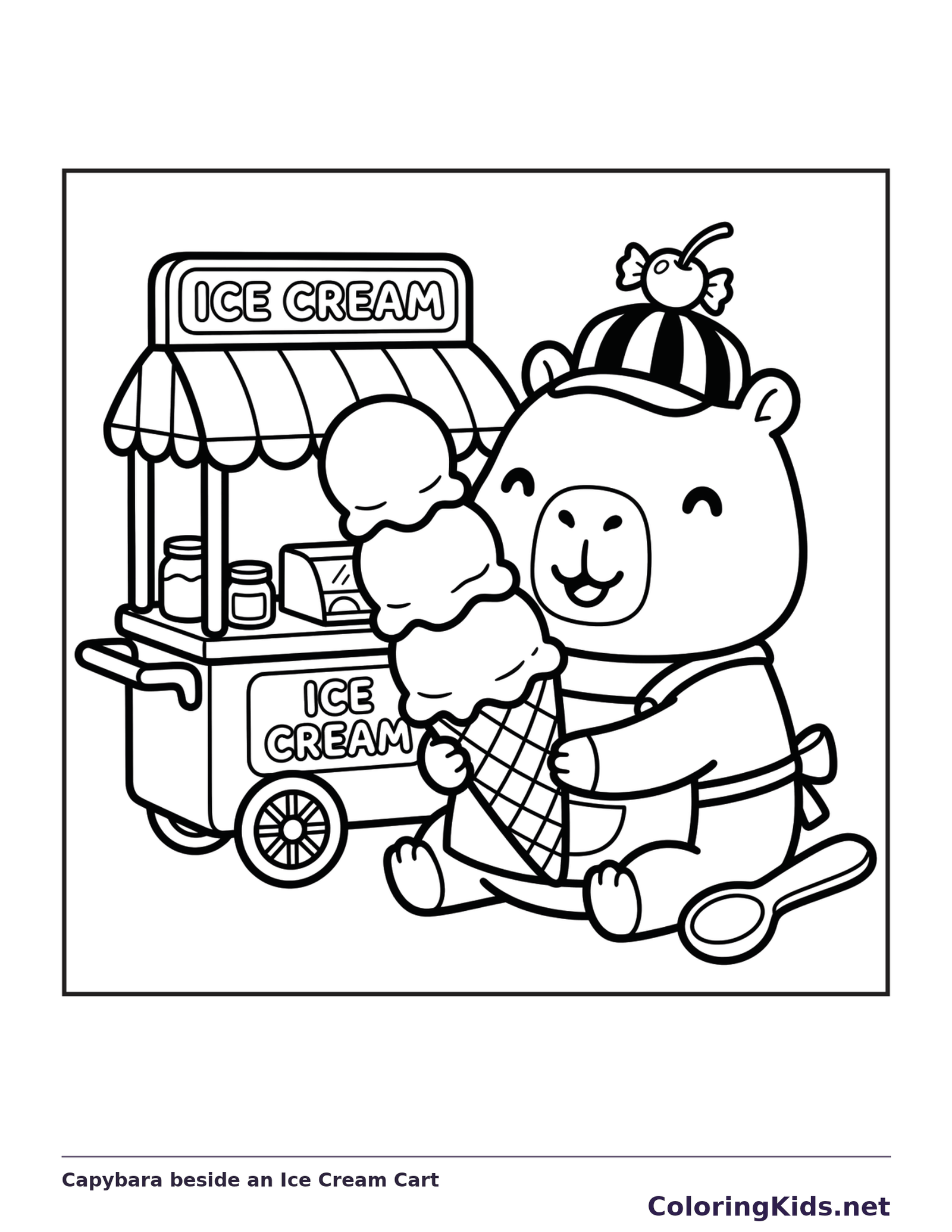 Black and white printable capybara beside an ice cream cart coloring sheet
