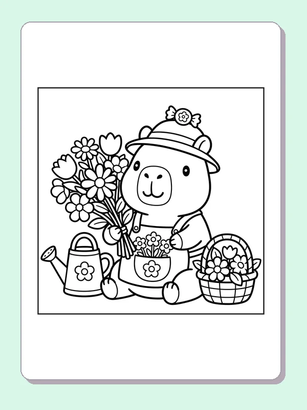 Black and white printable capybara carrying garden flowers coloring sheet