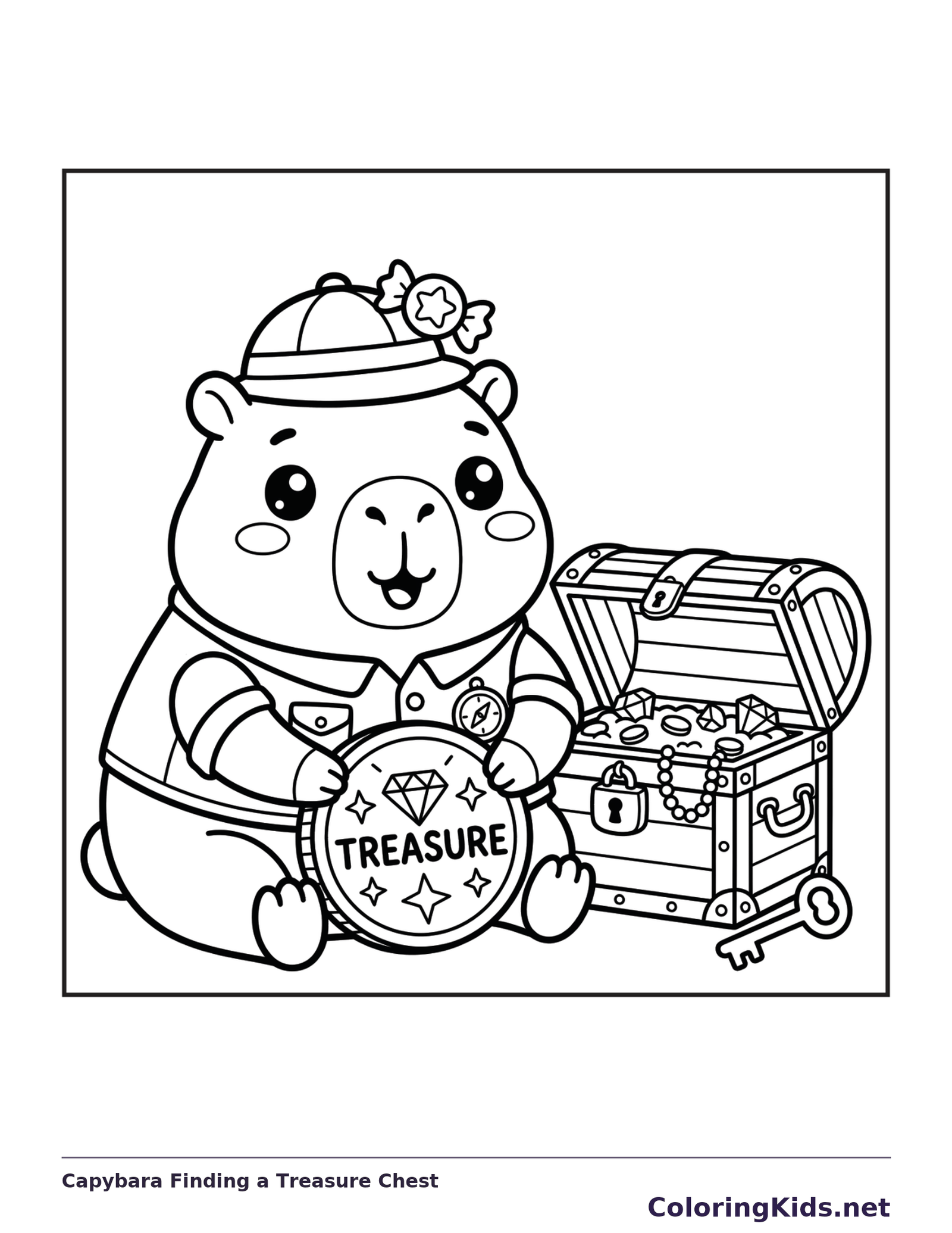 Black and white printable capybara finding a treasure chest coloring sheet