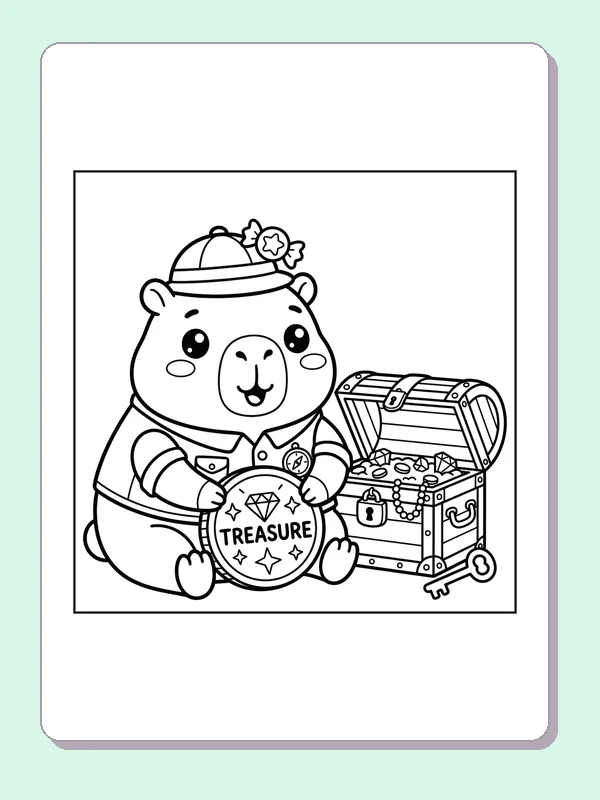 Black and white printable capybara finding a treasure chest coloring sheet