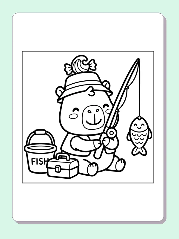 Black and white printable capybara fishing from the shore coloring sheet