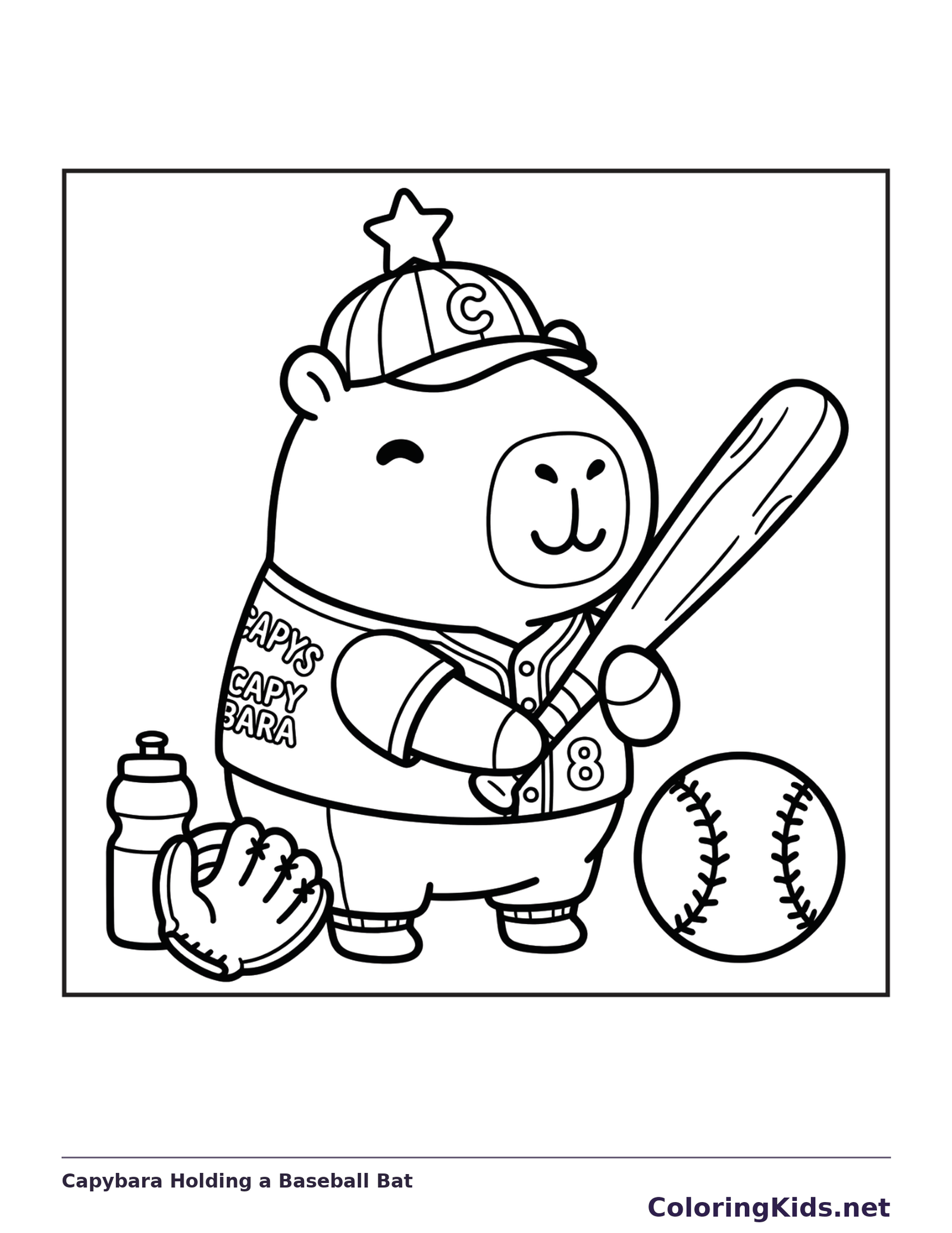 Black and white printable capybara holding a baseball bat coloring sheet