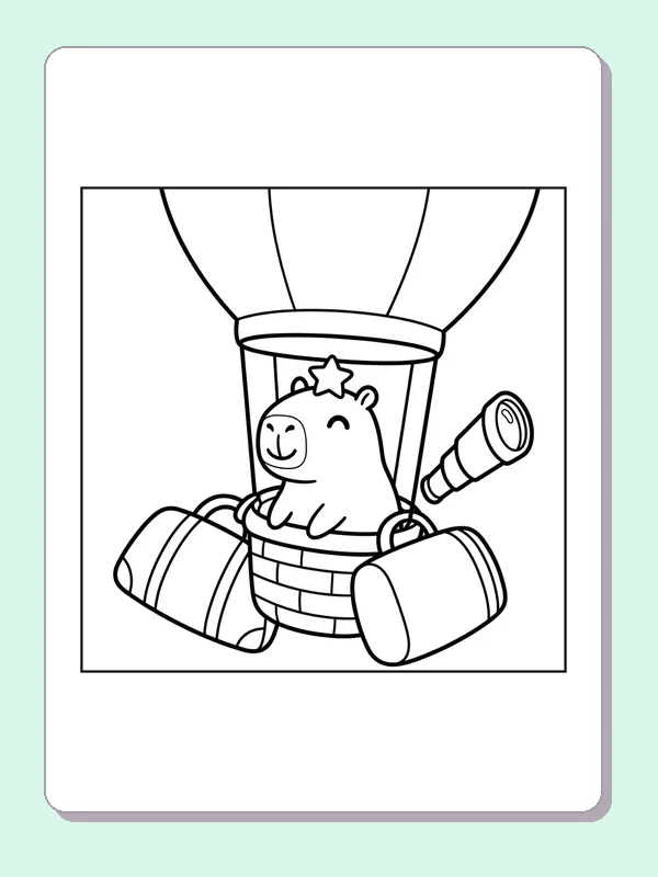 Black and white printable capybara in a hot air balloon coloring sheet