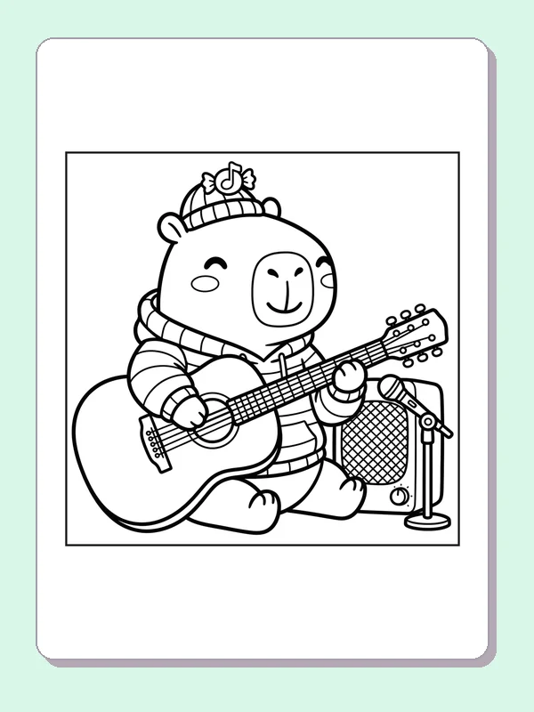Black and white printable capybara playing a guitar coloring sheet