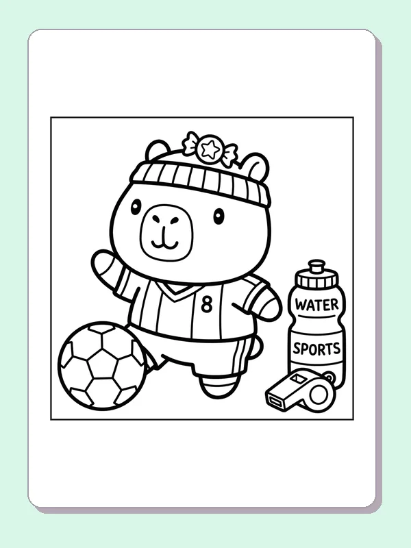 Black and white printable capybara playing soccer coloring sheet