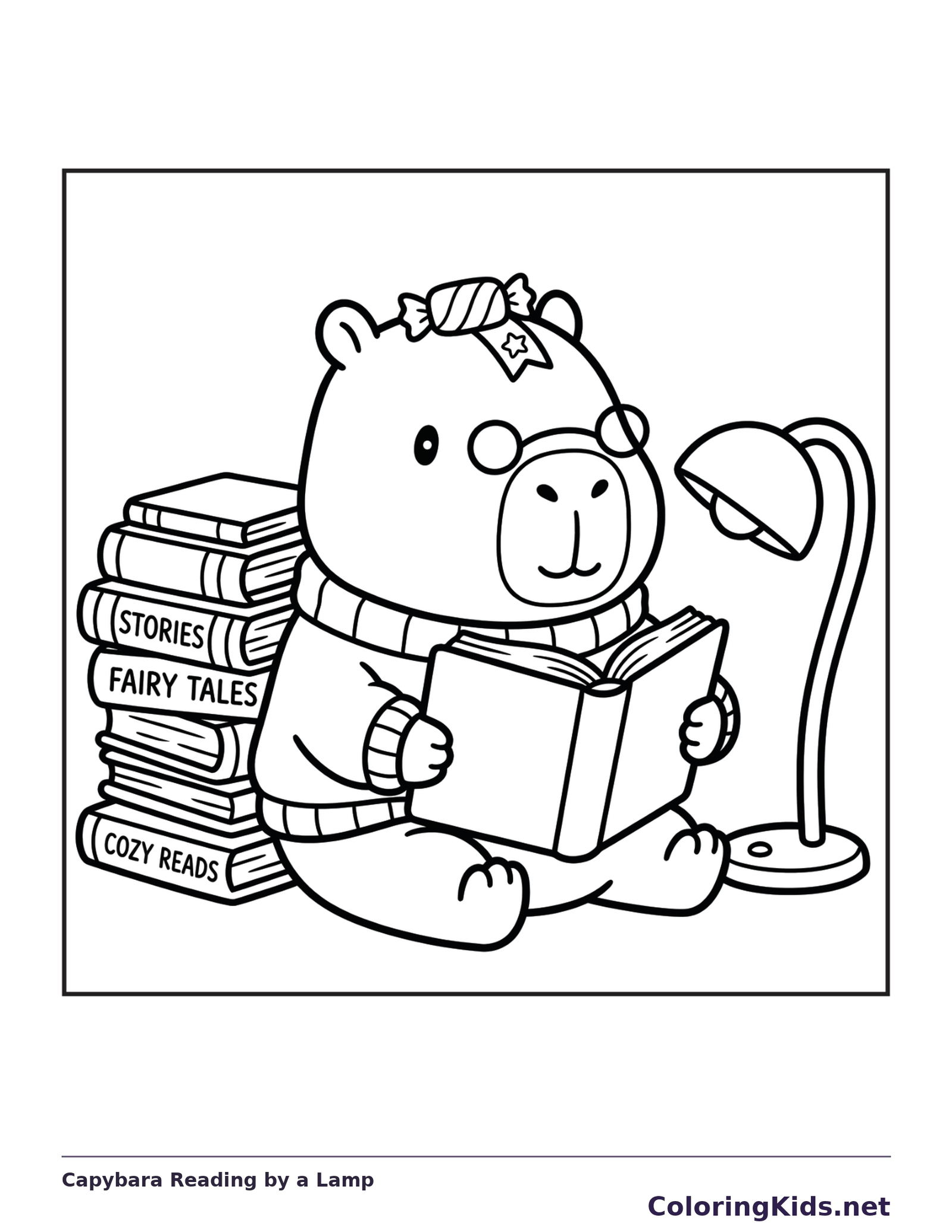 Black and white printable capybara reading by a lamp coloring sheet