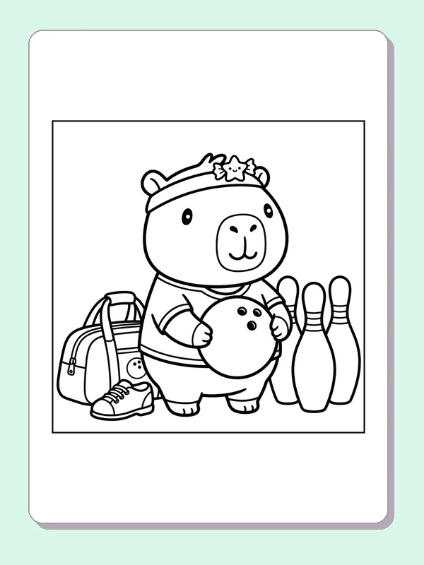 Black and white printable capybara ready to bowl coloring sheet