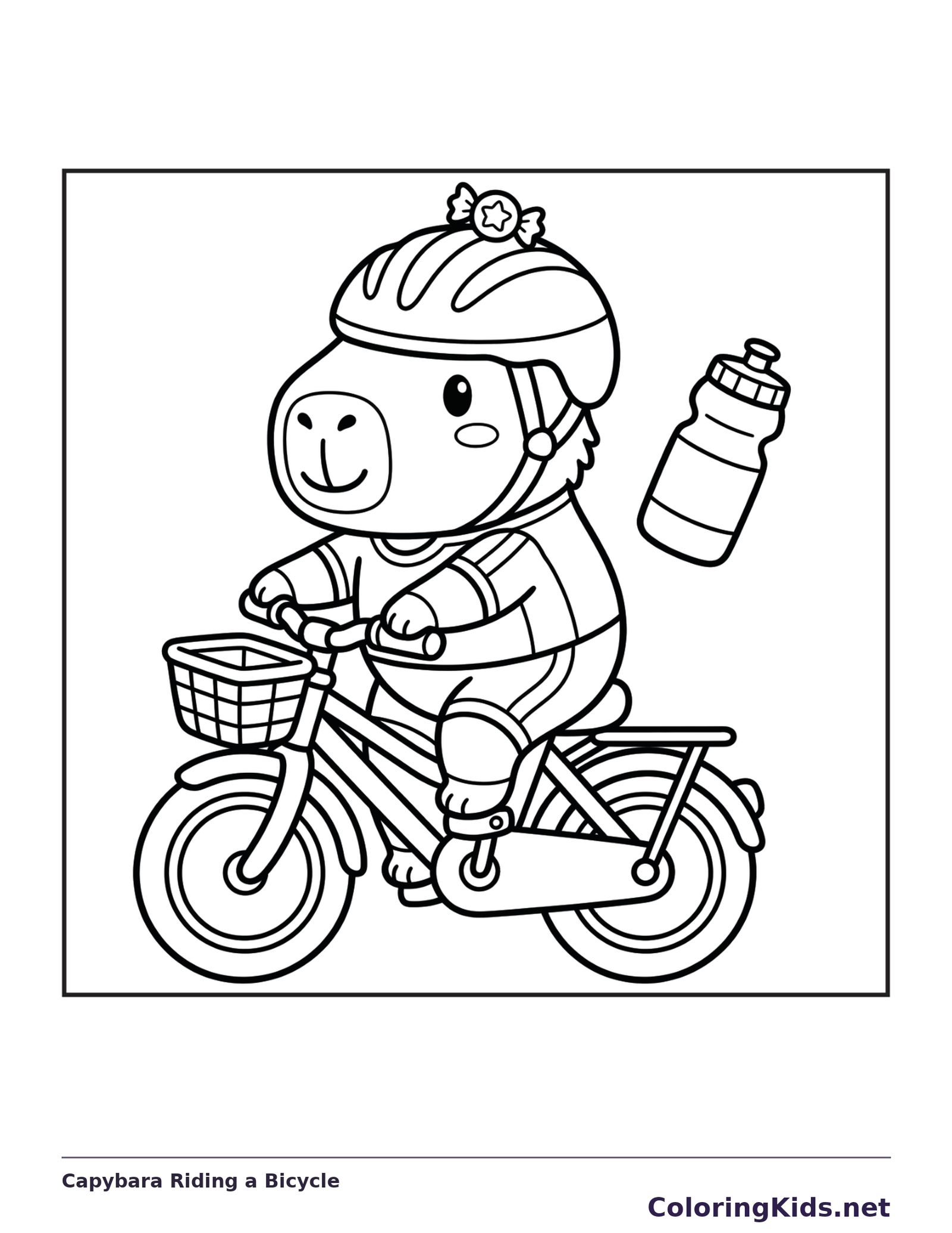 Black and white printable capybara riding a bicycle coloring sheet