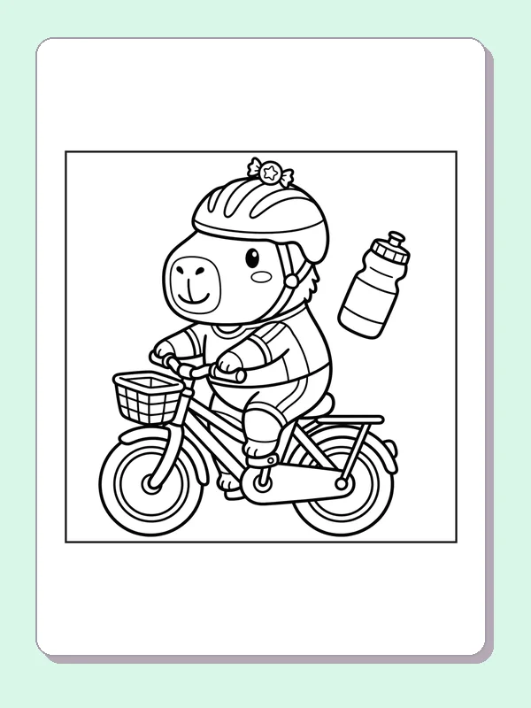 Black and white printable capybara riding a bicycle coloring sheet