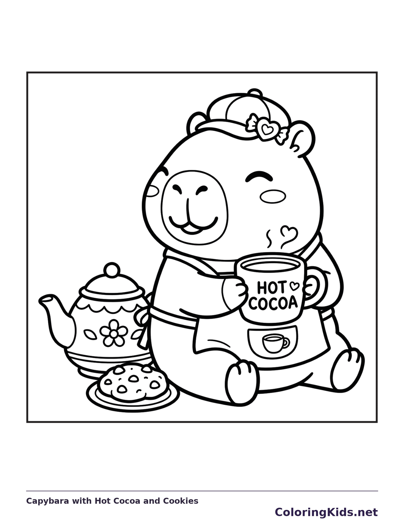 Black and white printable capybara with hot cocoa and cookies coloring sheet
